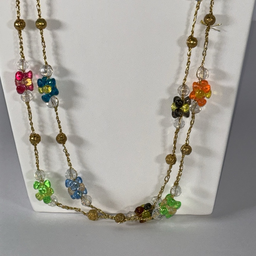 Multicolor beaded color lengthy necklace / gold tone/ 64 in length